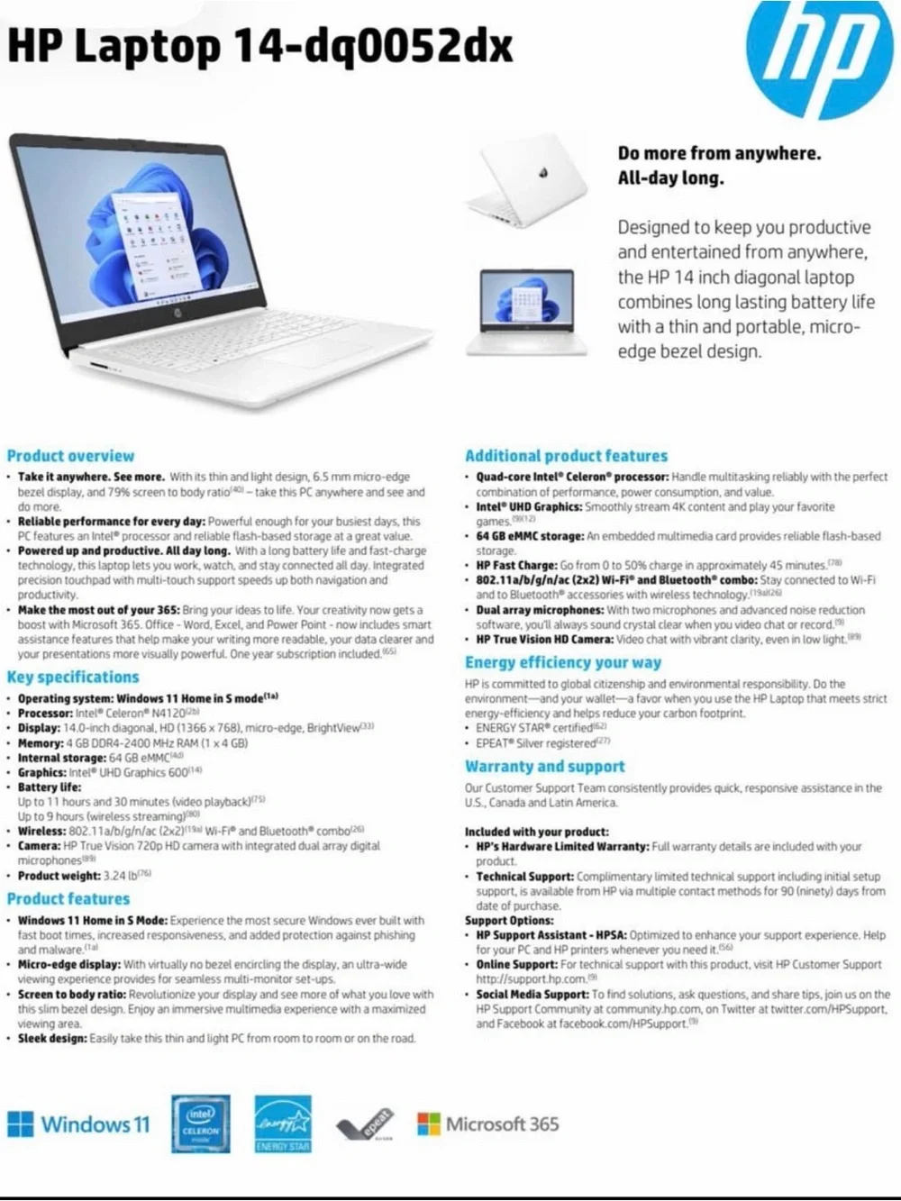 HP 14-DQ0052DX White Working Laptop